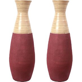 31.5 inch Tall Handcrafted Bamboo Floor Vase, Burgundy and Natural Finish, Decorative Accent, Large Floor Vase, Sustainable Bamboo, Living Room, Dining Room, Entryway Decor, Unique Home Accent