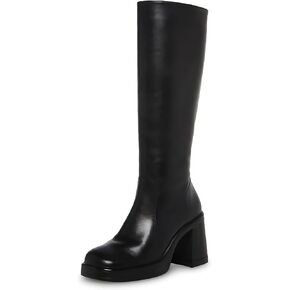 SOVANYOU Black Leather Boots Platform Boots for Women Square Toe Chunky Block Heeled Boots in Kuwait