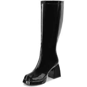 SOVANYOU Black Leather Boots Platform Boots for Women Square Toe Chunky Block Heeled Boots