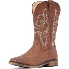 IUV Cowboy Boots For Women Square Toe Western Boots Mid Calf Cowgirl Boots Pull On Fashion Embroidered Cowboy Boots
