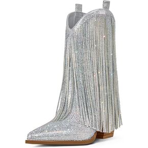 Ouepiano Cowboy Boots for Women - Cowgirl Rhinestone Boots with Sparkly Fringe Pointed Toe Western Boots Chunky Heel Pull-On Wide Calf