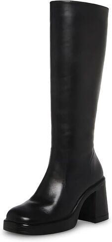 SOVANYOU Black Leather Boots Platform Boots for Women Square Toe Chunky Block Heeled Boots in Kuwait