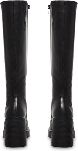 SOVANYOU Black Leather Boots Platform Boots for Women Square Toe Chunky Block Heeled Boots in Kuwait