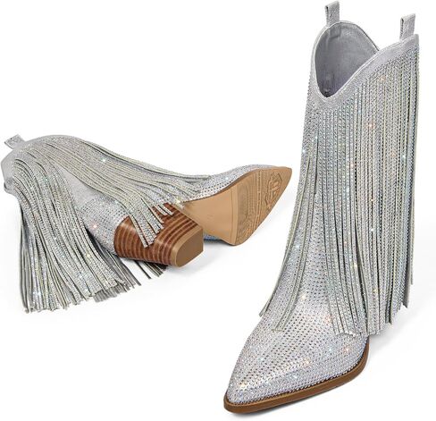 أحذية Cowboy Oeepiano للنساء - أحذية راعي راعي الرنيعون مع Frishly Fringe Fringe Toe Western Boots الكعب المكتنزة على عجل عريض in Kuwait
