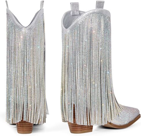 أحذية Cowboy Oeepiano للنساء - أحذية راعي راعي الرنيعون مع Frishly Fringe Fringe Toe Western Boots الكعب المكتنزة على عجل عريض in Kuwait
