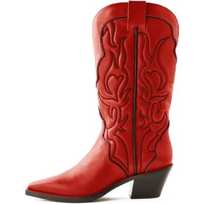 Yolkomo Cowboy Boots for Women Red Western Cowgirl Boots, Pointed Toe, Mid Calf, Knee High