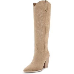 ISNOM Women's Cowgirl Boots Pull On Knee High Boots, Cowboy Western Embroidered Chunky Block Heel Pointed Toes Boots