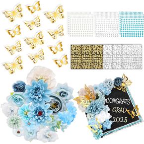 Graduation Cap Decorations Kits Faux Assorted Flowers 3D Butterfly Stickers Glitter Rhinestones Alphabet Letter Number Decals for Grad Cap 2024 Graduation Party Supplies(Blue Flower)