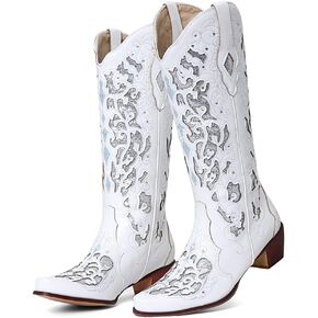 SaraIris Black Cowgirl Boots for Women Cowboy Boots Western Boots Chunky Heel Pointed Toe Pull On Rhinestones Knee High Boots