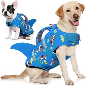 AOFITEE Dog Life Jacket, Dog Life Vest for Swimming Boating, High Flotation Pet Lifesaver with Rescue Handle, Reflective French Bulldog Lifejacket, Shark Life Jacket for Small Medium Large Dogs, M