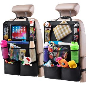 منظم سيارات Helteko Backseat ، واقي المقعد الخلفي للركلة مع حامل اللوح الشاشة ، ومنظم المقعد الخلفي للأطفال ، وملحقات السفر مع 9 جيوب تخزين 2 حزمة ، أسود