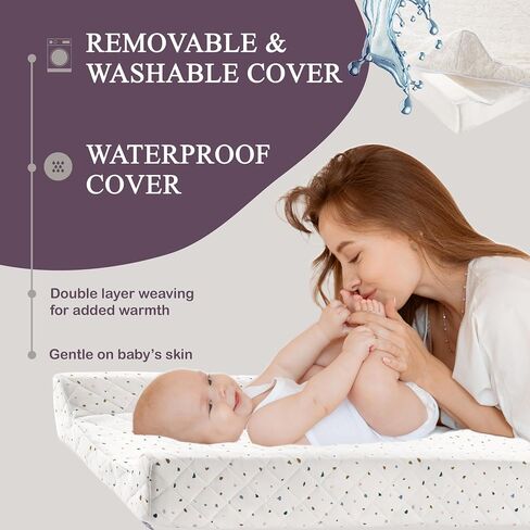 Organic Cotton Covered Contoured Baby Changing Pad | Waterproof Foam Mattress, Soft, Removable & Washable Cover, Safety Strap, Non-Slip Bottom, Topper for Standard Size Infant Diaper Table & Dresser in Saudi Arabia