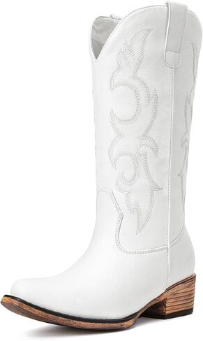 أحذية رعاة البقر للنساء - أحذية راعية البقر مطرزة غربية متوسطة الساق بكعب مكتنز ومقدمة مدببة أحذية ريفية in Kuwait