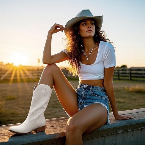 أحذية رعاة البقر للنساء - أحذية راعية البقر مطرزة غربية متوسطة الساق بكعب مكتنز ومقدمة مدببة أحذية ريفية in Kuwait