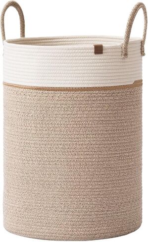 LA JOLIE MUSE Woven Basket Rope Storage Baskets - Tall Cotton Basket 16 x 14 x 14 Inches, Laundry Basket for Blanket, Kids Toy, Nursery Clothes Hamper Basket White & Desert | Basket for Baby Blankets with Handles, Tall Woven Storage Basket for for Toys, S in Saudi Arabia