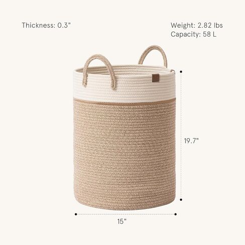 LA JOLIE MUSE Woven Basket Rope Storage Baskets - Tall Cotton Basket 16 x 14 x 14 Inches, Laundry Basket for Blanket, Kids Toy, Nursery Clothes Hamper Basket White & Desert | Basket for Baby Blankets with Handles, Tall Woven Storage Basket for for Toys, S in Saudi Arabia