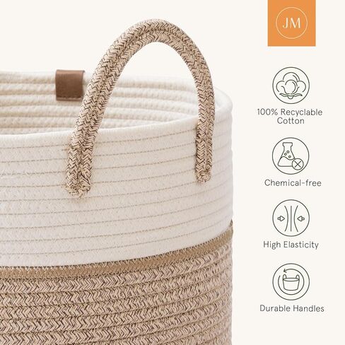 LA JOLIE MUSE Woven Basket Rope Storage Baskets - Tall Cotton Basket 16 x 14 x 14 Inches, Laundry Basket for Blanket, Kids Toy, Nursery Clothes Hamper Basket White & Desert | Basket for Baby Blankets with Handles, Tall Woven Storage Basket for for Toys, S in Saudi Arabia