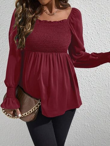 WDIRARA Women's Maternity Shirred Frill Trim Ruffle Hem Long Sleeve Casual Maternity Pregnancy Blouse Top in Saudi Arabia