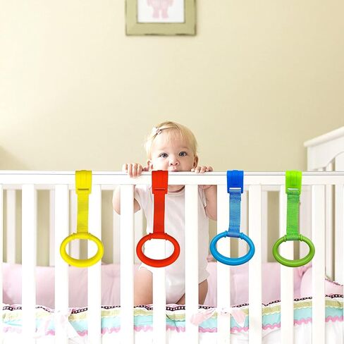 codree 8PCS 4 Colors Baby Playpen Pull up Rings- Baby Crib Pull up Rings- Baby Walking Exercises Assistant Rings- Baby Bed Stand Up Rings Baby Cot Hanging Rings for Infant Baby Toddler in Kuwait