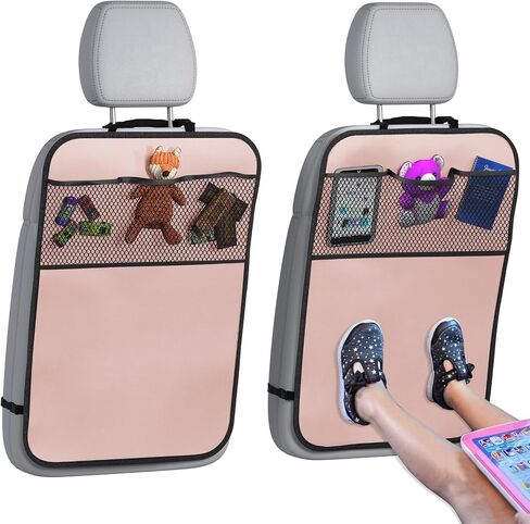 lebogner Back Seat Cover for Kids + 3 Pocket Storage Organizer, 2 Pack X-Large Waterproof Kick Mats, Car Backseat Protector (Pink, Kick Mats + 4 Organizer Pockets) in Saudi Arabia