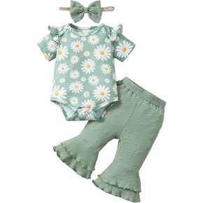 SUNNY PIGGY Baby Girl Clothes Ruffle Short Sleeve Romper Long Pants Set with Headband Newborn Infant Outfits