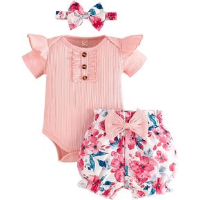 Baby Girl Clothes Newborn Infant Outfit Ruffle Romper and Short Pants Clothing Sets for Summer Spring