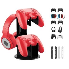 2 Tier Controller Holder and Headphone Stand for PS4 PS5 Xbox ONE Switch, Acrylic Controller Stand Headset Holder with 3Pcs Cord Organizers for Universal Gaming Accessories (All Black)
