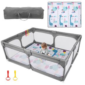 Baby Playpen with Mat 75"*59", Large Playpen for Babies and Toddlers with Soft Breathable Mesh, Fodable Climb-Proof Anti-Fall Baby Playpen, Sturdy Safety Play Yard for Indoor Outdoor Fun, Grey