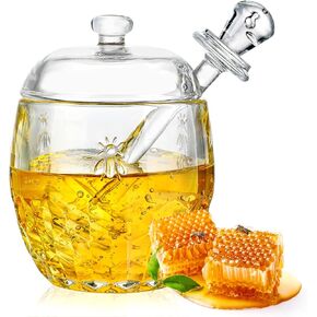 kanpura Crystal Honey Jar with 2 Dippers, Glass Dispenser Honey Pot Containers,Honey Dipper Stick and Jar Set,Handmade Beehive Honey Jar with Dipper(9oz)