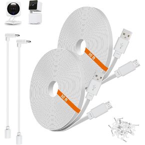 2-Pack 20ft Power Extension Cable Compatible with Wyze Cam v4,Wyze Cam Pan v3,Wyze OG,Wyze Cam v3 and v3 Pro Security Cameras - 6m Long Flat USB to Micro USB Charging Cord with L-Shaped Adapter, White