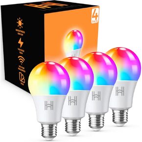 Smart Light Bulbs, A19 Multicolor LED, 2.4Ghz WiFi, 800 Lumens, Compatible with Alexa & Google Home, Music Sync, No Hub Needed, 4 Pack