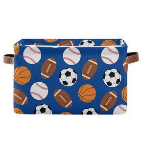 Rectangular Storage Basket Storage Bin - Sports Football Baseball Basketball Soccer Collapsible Storage Box with Leather Handles Organizer for Shelves/Gift Baskets/Toy Organizer/Baby Room Decor
