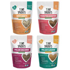 Superseed Variety Pack with Vitamin D + PROBIOTICS, Omega-3s Prebiotic Fiber Protein, Seeds for 6M+ Babies Toddlers & Kids for Immune & Digestive Support (7oz x 4 Pack - Flax, Chia, Hemp, Blend)