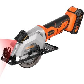 Mini Circular Saw, 20V 3400RPM Professional Cordless Circular Saw, Adjustable Angle and Depth,Max Cutting Depth 1-2/3"(90°), 1-1/8"(45°), Laser Guide, Rip Guide