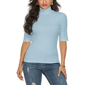 Womens Short Sleeve Mock Turtleneck Business Casual Tops Slim Fitted Plain Tee Shirts