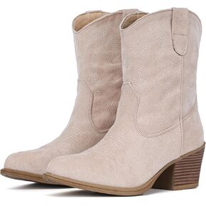 IXU Cowboy Boots for Women Suede Ankle Western Cowgirl Boots Mid Calf Pointed Toe Short Chunky Classic Booties