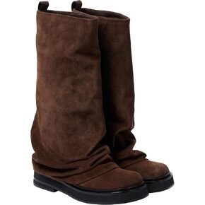 MAVMAX Women Fold Over Knee High Boots Casual Round Toe Coverd Slouched Leather Pull On Wide Calf Chunky Low Heel Platform Boots