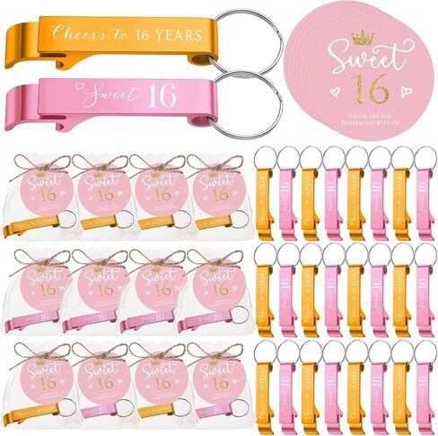 50 Sets Sweet 16 Party Favors for Guests Include Cheers to 16 Years Old Bottle Opener Keychain and Organza Bags Sweet 16 Cards with Rope 16 Party Favors for 16 Years Old Birthday Party in Saudi Arabia