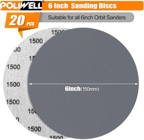 POLIWELL Sanding Discs 6 Inch 1500 Grit 20 Pack Hook & Loop | Round Flocking Sandpaper Ideal for Wet/Dry Grinder Polishing. Made of Hook&Loop for Waterproof in Saudi Arabia
