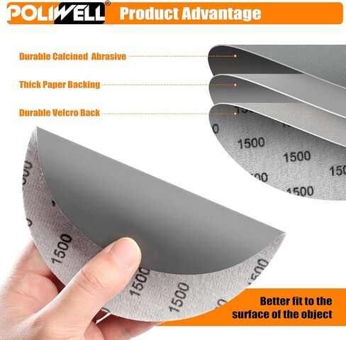 POLIWELL Sanding Discs 6 Inch 1500 Grit 20 Pack Hook & Loop | Round Flocking Sandpaper Ideal for Wet/Dry Grinder Polishing. Made of Hook&Loop for Waterproof in Saudi Arabia