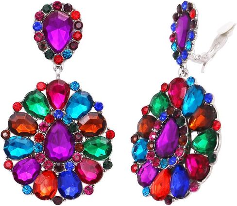 Rosemarie & Jubalee Women's Dramatic Mardi Gras Teardrop Crystals Long Shoulder Duster Clip On Style Earrings, 3.5" in Saudi Arabia