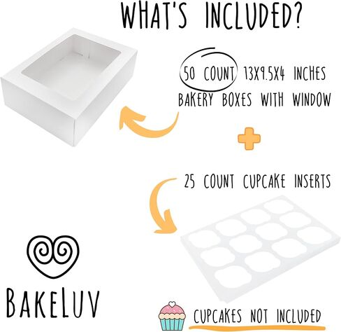 BAKELUV White 12 Cupcake Boxes, Cupcake Containers | 13x9.5x4, 25 Pack | 12 Cupcake Box Bulk, Cupcake Boxes 12 Count Carrier, Option to 14x10x4 Bakery Boxes with Window, ¼ Sheet Cake Box 13x9 Inches in Saudi Arabia