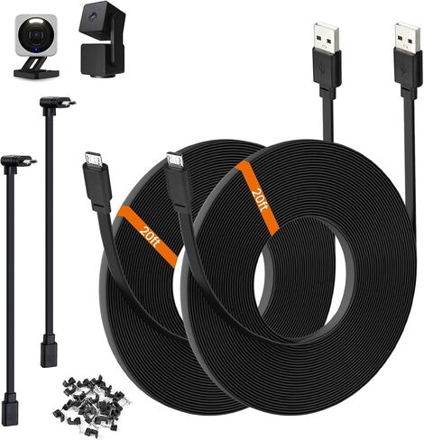 2-Pack 20ft Power Extension Cable Compatible with Wyze Cam v4,Wyze Cam Pan v3,Wyze OG,Wyze Cam v3 and v3 Pro Security Cameras - 6m Long Flat USB to Micro USB Charging Cord with L-Shaped Adapter, White in Saudi Arabia
