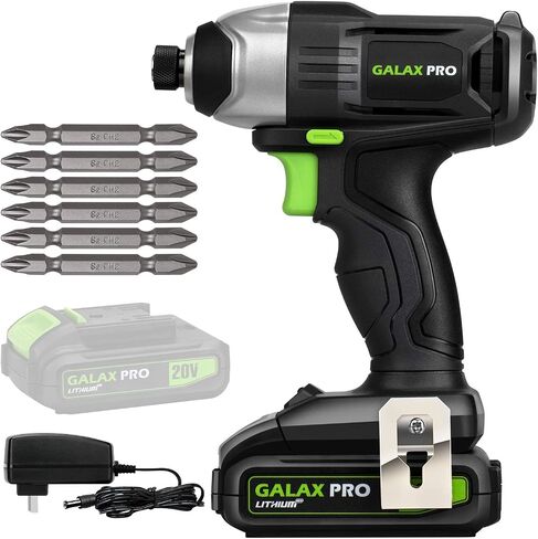 Galax Pro Impact Driver 20 V Lithium Ion 1/4 "سدافع سداسية مع ضوء عمل LED ، 6 قطع قطع مفك البراغي ، سرعة متغيرة (0-2800 دورة في الدقيقة)- 1.3 AH بطارية وشاحن مشمولة in Kuwait