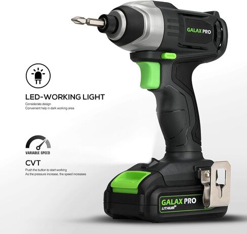 Galax Pro Impact Driver 20 V Lithium Ion 1/4 "سدافع سداسية مع ضوء عمل LED ، 6 قطع قطع مفك البراغي ، سرعة متغيرة (0-2800 دورة في الدقيقة)- 1.3 AH بطارية وشاحن مشمولة in Kuwait
