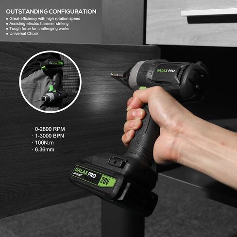 Galax Pro Impact Driver 20 V Lithium Ion 1/4 "سدافع سداسية مع ضوء عمل LED ، 6 قطع قطع مفك البراغي ، سرعة متغيرة (0-2800 دورة في الدقيقة)- 1.3 AH بطارية وشاحن مشمولة in Kuwait