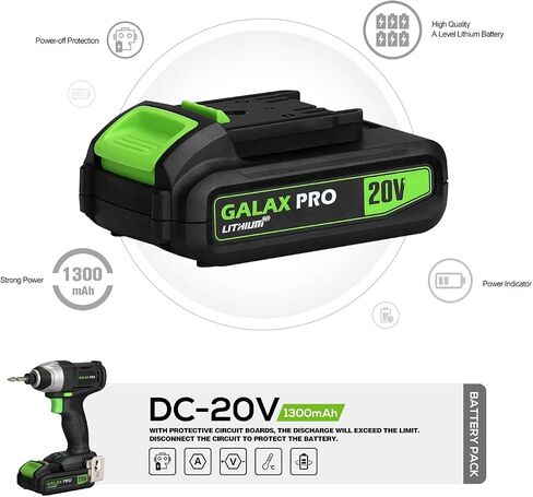 Galax Pro Impact Driver 20 V Lithium Ion 1/4 "سدافع سداسية مع ضوء عمل LED ، 6 قطع قطع مفك البراغي ، سرعة متغيرة (0-2800 دورة في الدقيقة)- 1.3 AH بطارية وشاحن مشمولة in Kuwait