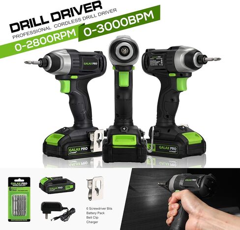 Galax Pro Impact Driver 20 V Lithium Ion 1/4 "سدافع سداسية مع ضوء عمل LED ، 6 قطع قطع مفك البراغي ، سرعة متغيرة (0-2800 دورة في الدقيقة)- 1.3 AH بطارية وشاحن مشمولة in Kuwait