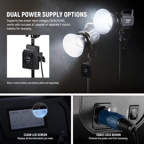 NEEWER FS150 LED Video Light 2.4G/APP Control, 130W 5600K COB Daylight Silent Photography Continuous Output Lighting 4 Precise Dimming Types 102000lux/1m CRI97+ 9 Effects Bowens Mount, US Plug in Saudi Arabia