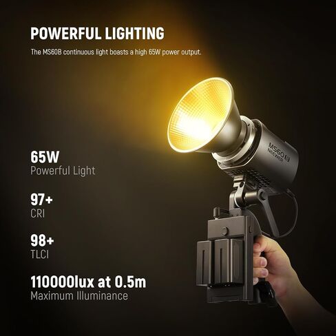 Neewer MS60B LED Video Light 2.4g/App Control ، 65W MENAL MINI MINI COM COP COB COMPATION LUPPLITION SPOTLIGHT 2700K-6500K ، 40000LUX@1M ، CRI 97+/TLCI 98+ ، 12 EFFERT in Kuwait